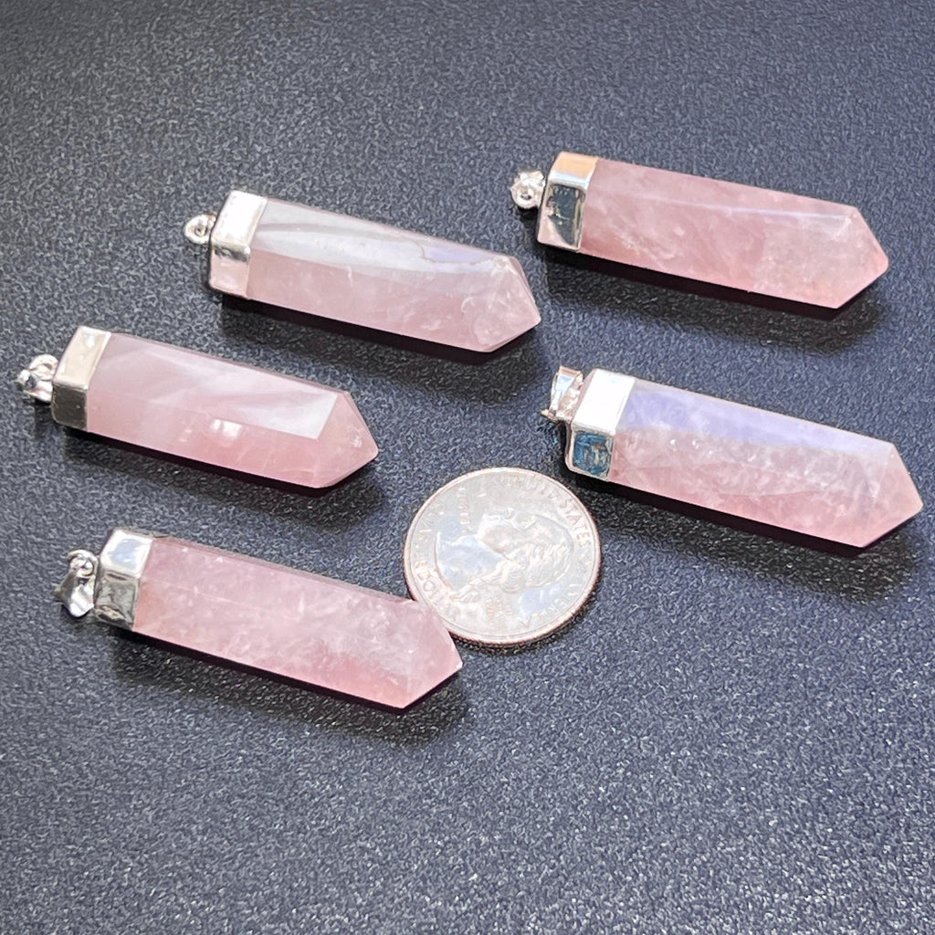 Pink Rose Quartz Crystal Point Pendant | Silver Plated Faceted Gemstone Necklace