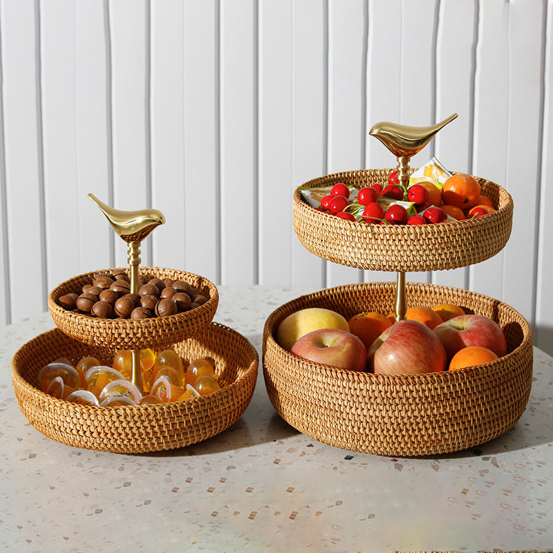 Double-Layer Brass Gold Dining Table Fruit Baskets | Coffee Table Rattan Basket