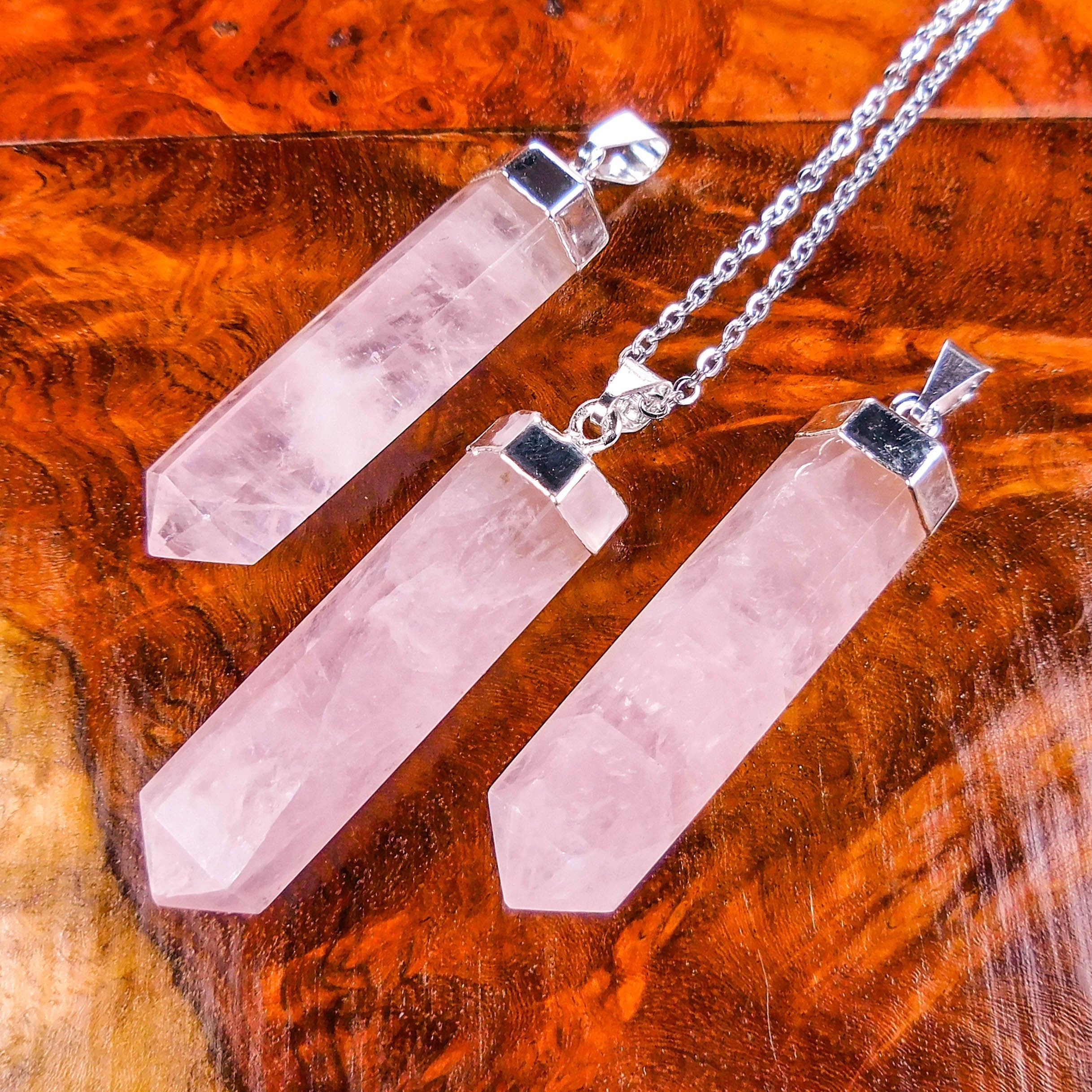 Pink Rose Quartz Crystal Point Pendant | Silver Plated Faceted Gemstone Necklace