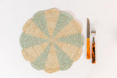 Blue Pinwheel Raffia Placemat – Hand-Crocheted Round Table Mat