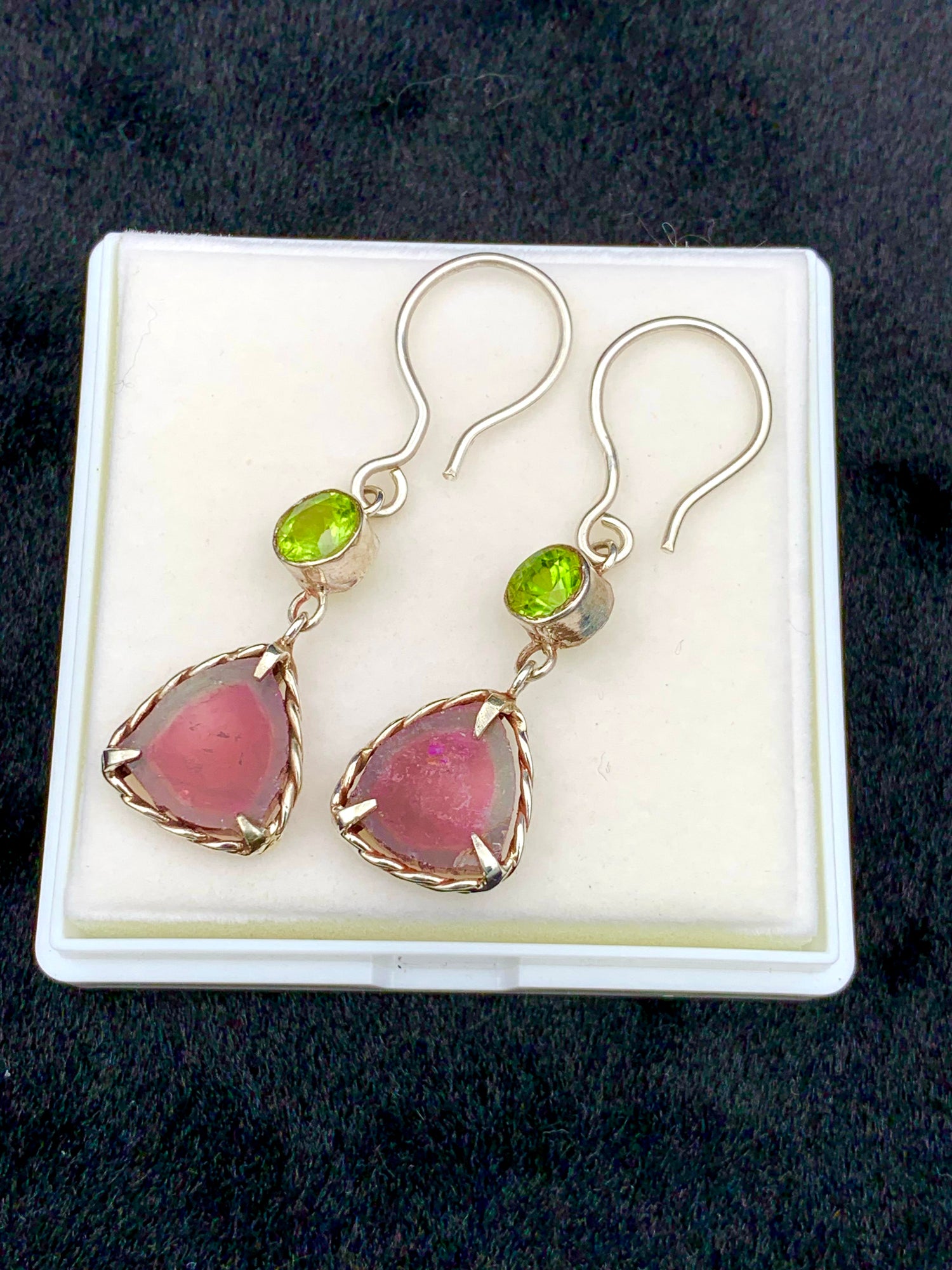 Peridot and Watermelon Tourmaline Crystal Earrings | Silver sterling Crystal Jewelry