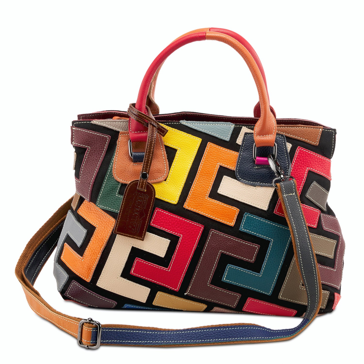 Multicolor Patchwork Leather Handbag – Convertible Tote, Shoulder & Crossbody Bag