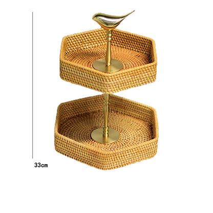 Double-Layer Brass Gold Dining Table Fruit Baskets | Coffee Table Rattan Basket