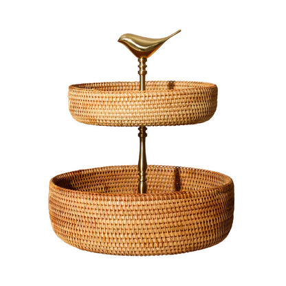 Double-Layer Brass Gold Dining Table Fruit Baskets | Coffee Table Rattan Basket