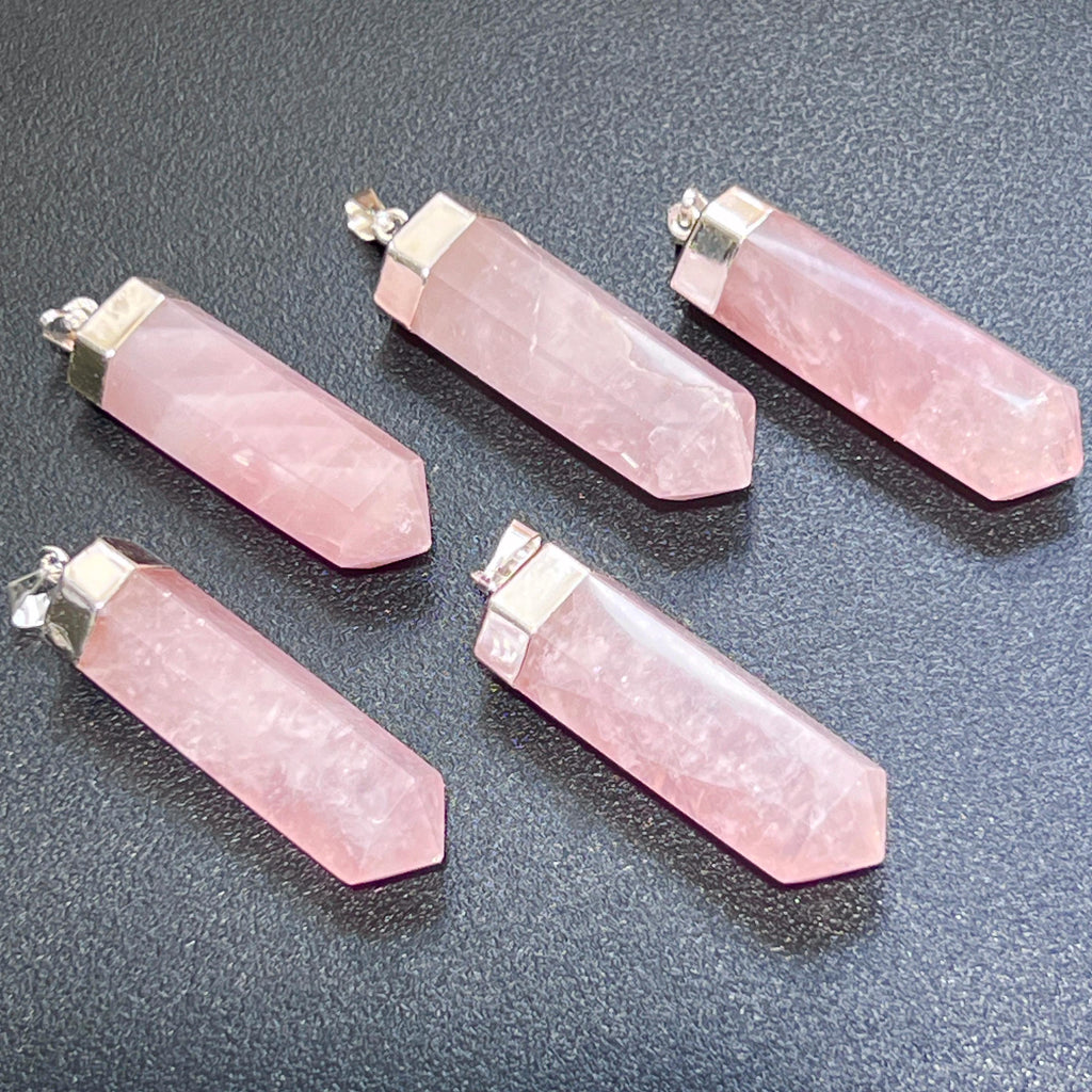 Pink Rose Quartz Crystal Point Pendant | Silver Plated Faceted Gemstone Necklace