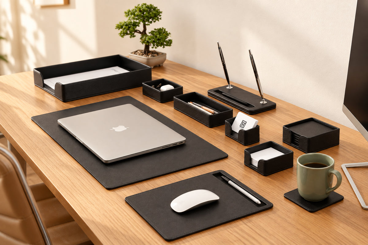 Black Leather Desk Set, 10 Pieces | Wholesale Promotional Package