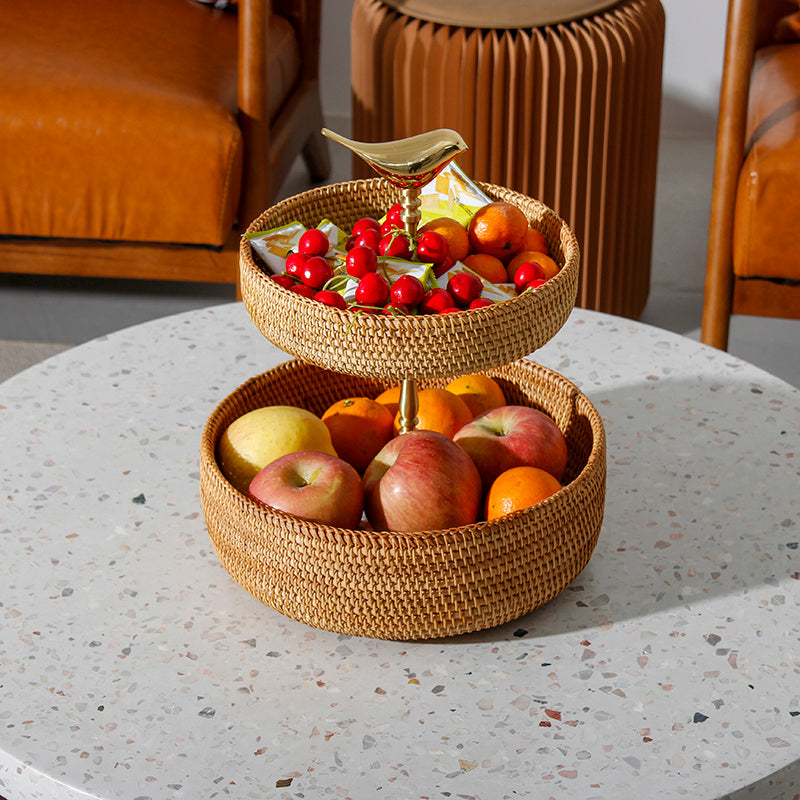 Double-Layer Brass Gold Dining Table Fruit Baskets | Coffee Table Rattan Basket