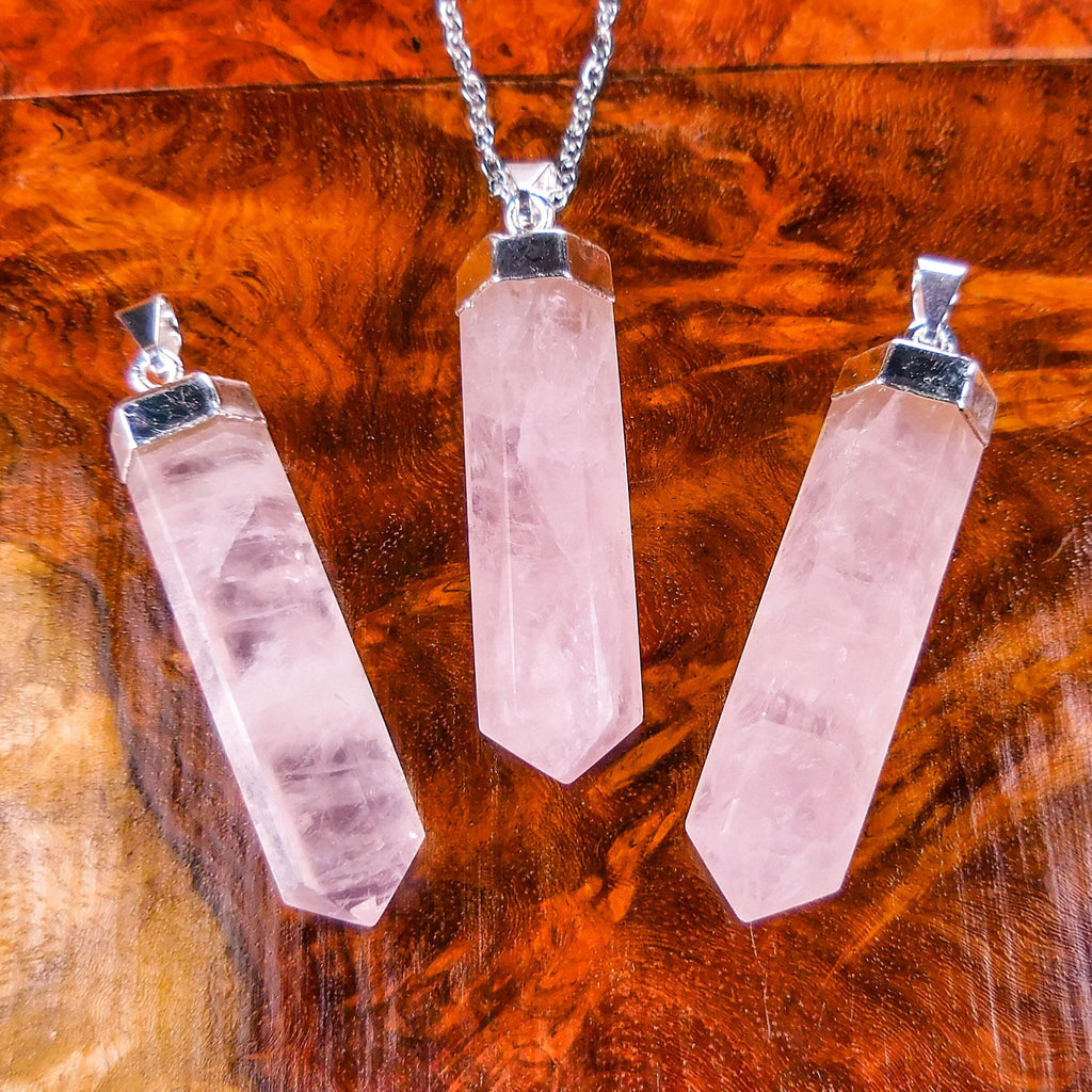 Pink Rose Quartz Crystal Point Pendant | Silver Plated Faceted Gemstone Necklace