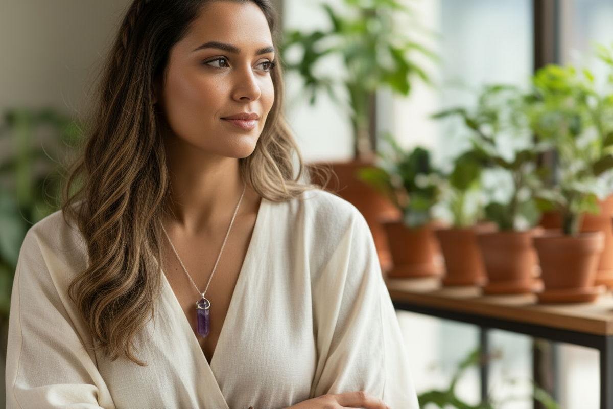 Woman wearing a purple amethyst necklace with crystal jewelry on a wooden surface.