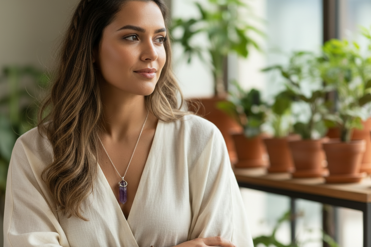 Woman wearing a purple amethyst necklace with crystal jewelry on a wooden surface.