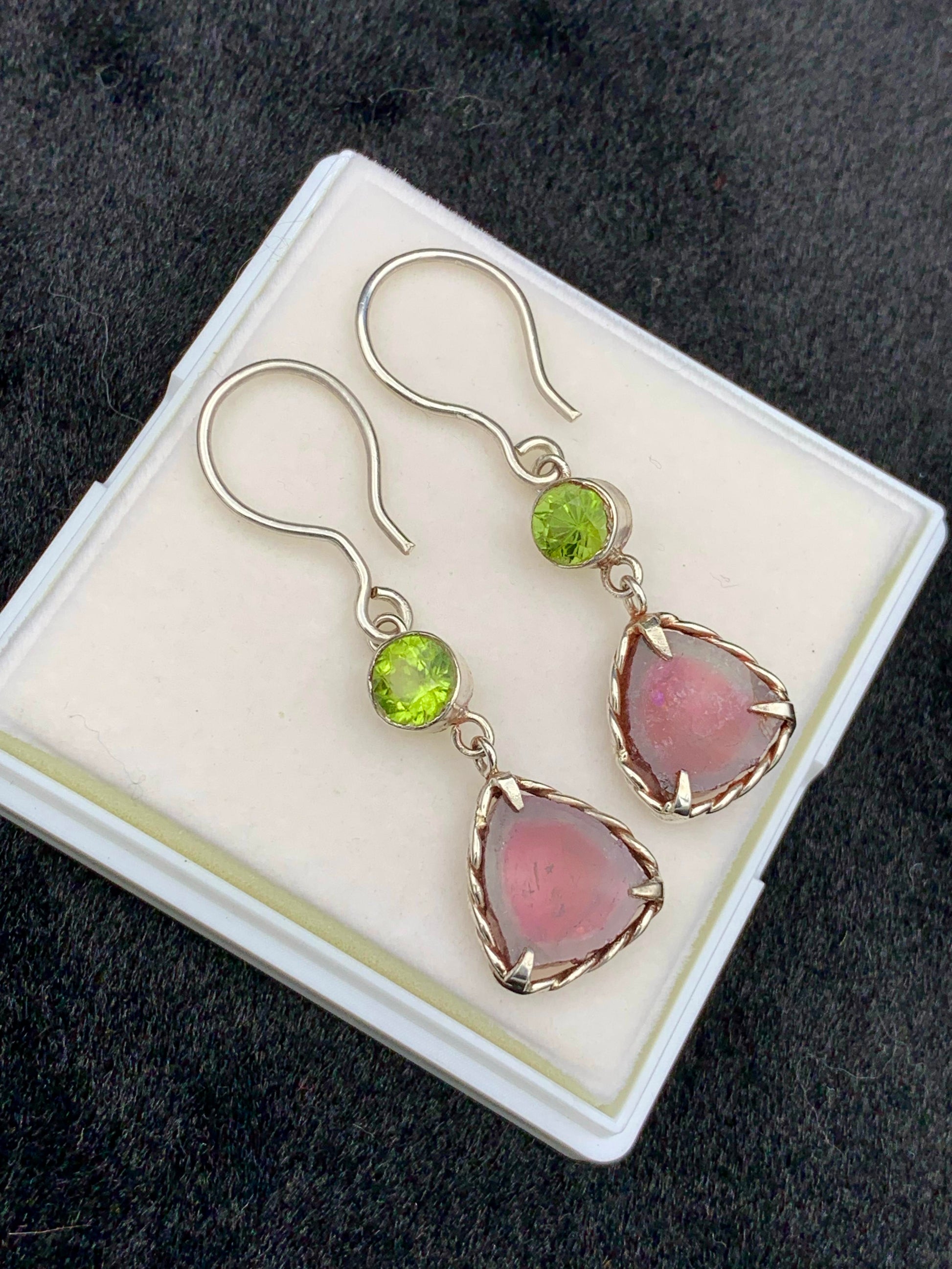 Peridot and Watermelon Tourmaline Crystal Earrings | Silver sterling Crystal Jewelry