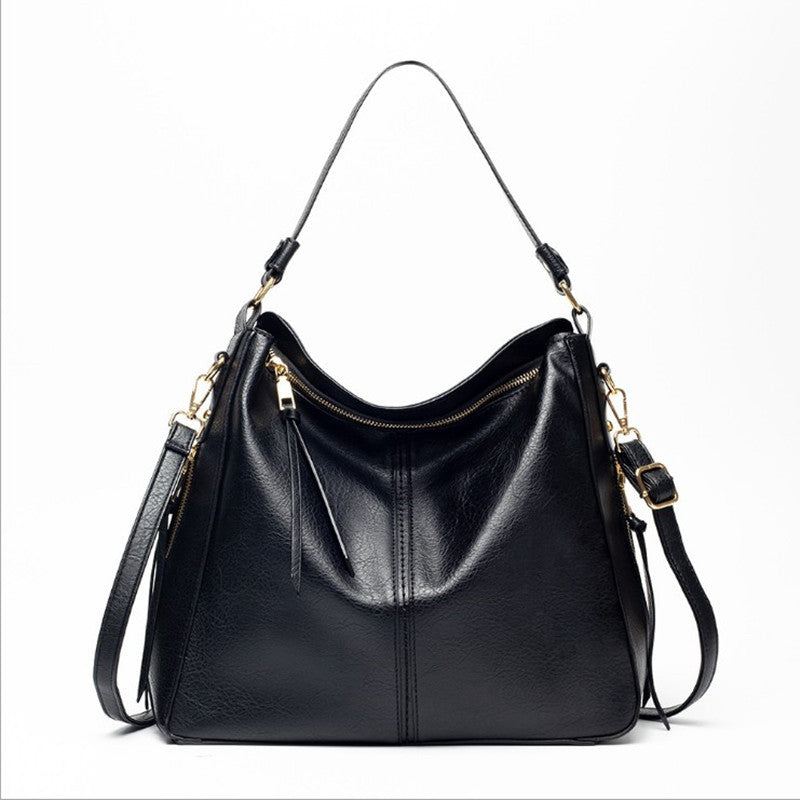 Black leather hobo handbag for women with detachable long strap