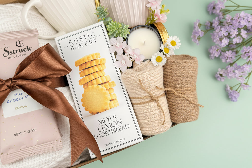 Box of Rustic Bakery Meyer Lemon Shortbread with decorative items on a table