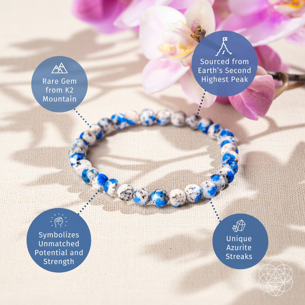 Bracelet with blue and white stones on a pink floral background