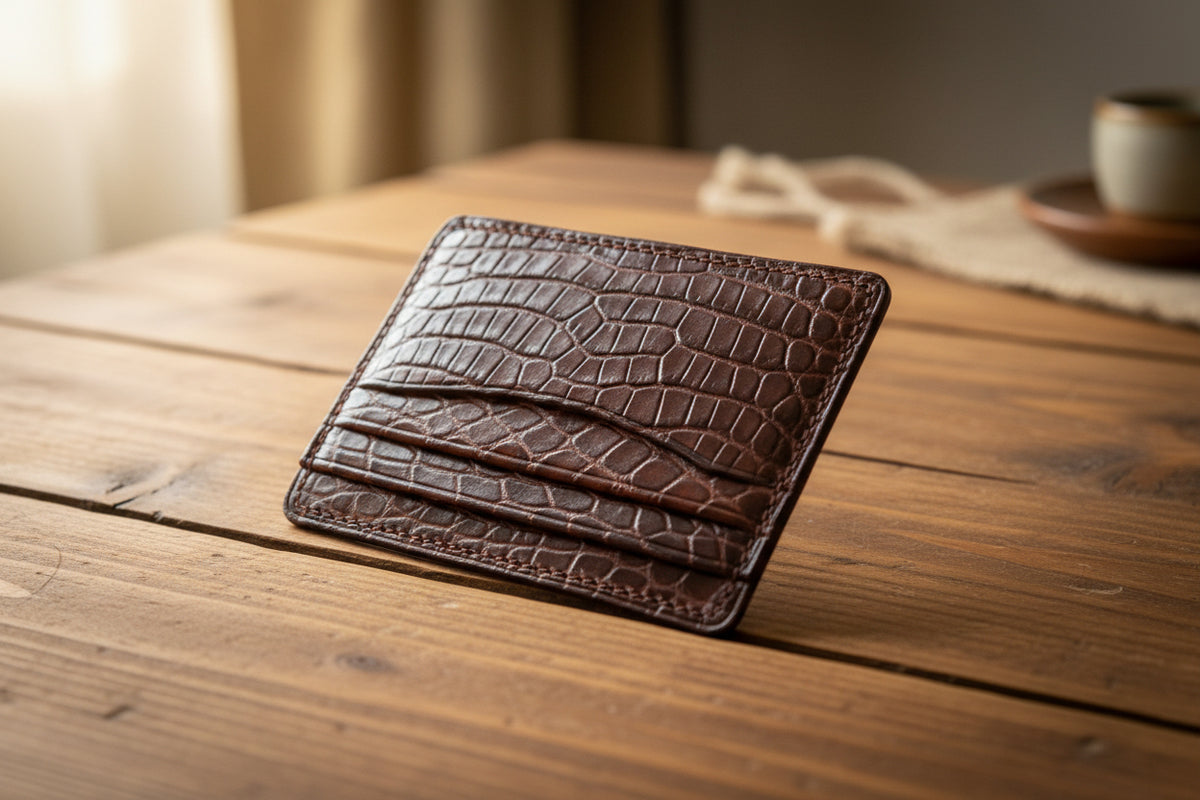 Brown leather wallet with crocodile texture on a white background, featuring the brand 'Oris'.