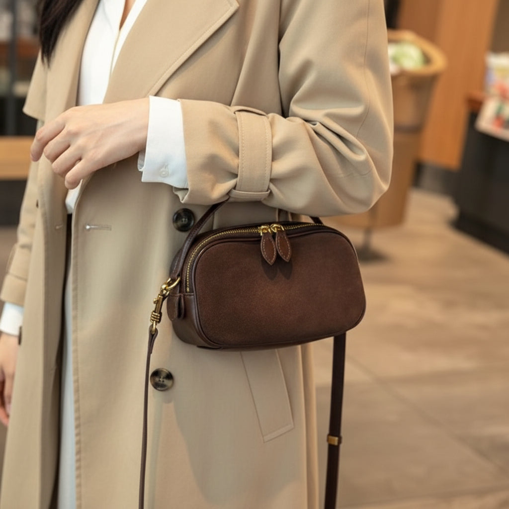 Brown handbag held by a person wearing a gray sweater.