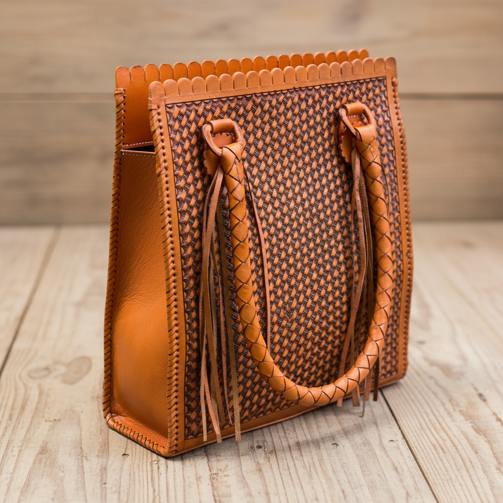 Brown leather handbag with woven pattern and braided handles