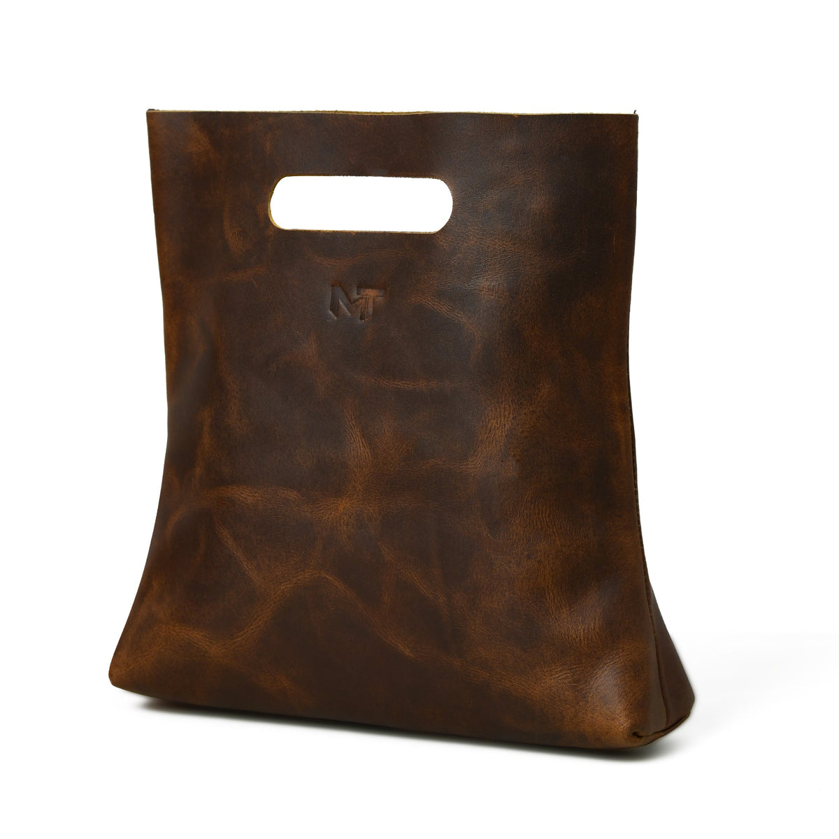 Brown leather tote bag with a visible brand logo