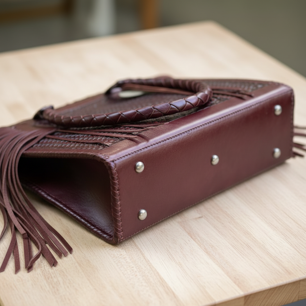 Brown leather handbag with braided handle
