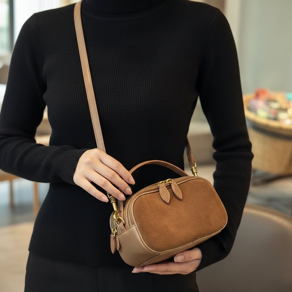 Brown suede handbag worn over shoulder with a patterned sweater and blurred indoor background