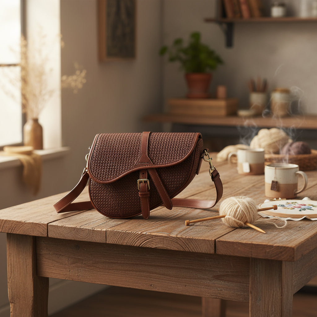 Brown woven handbag with a strap