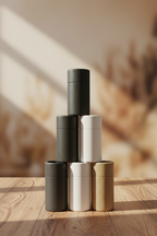 Five matte cylindrical storage containers - Compostable Cosmetic Packaging