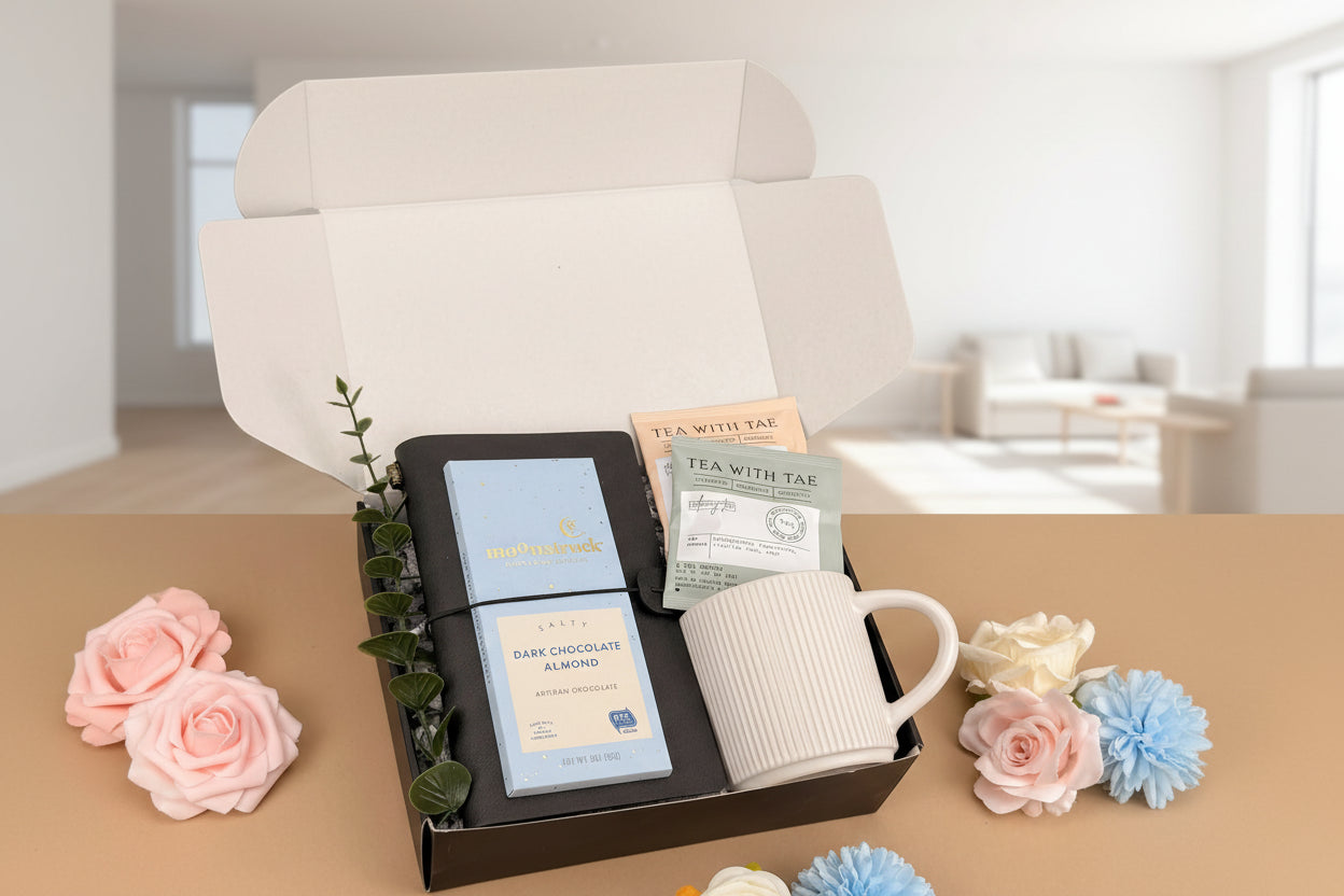 Gift set with tea, chocolate, and a mug on a beige background