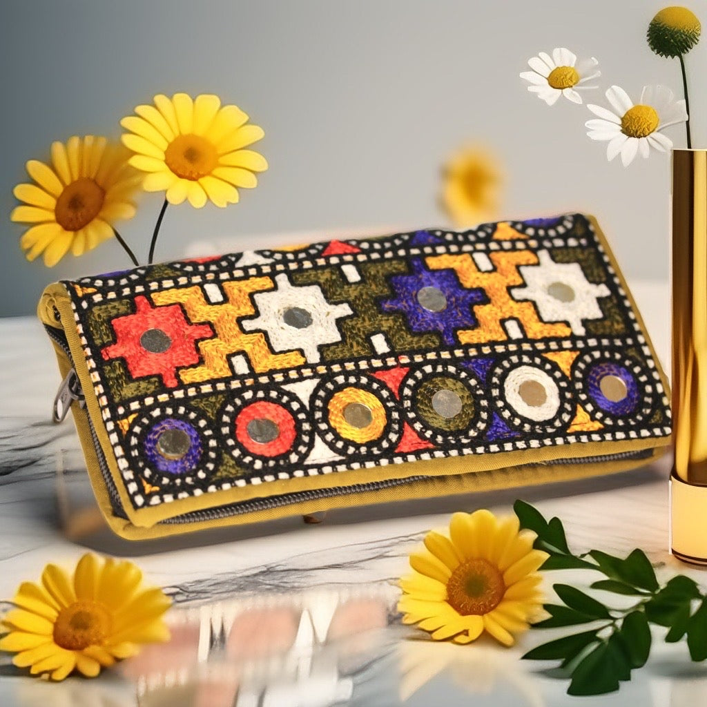 Traditional art made wallet with mirror work 