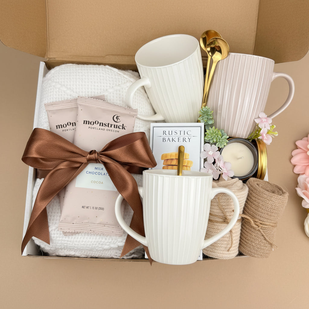 Gift box with tea, cookies, and decorative items on a beige background