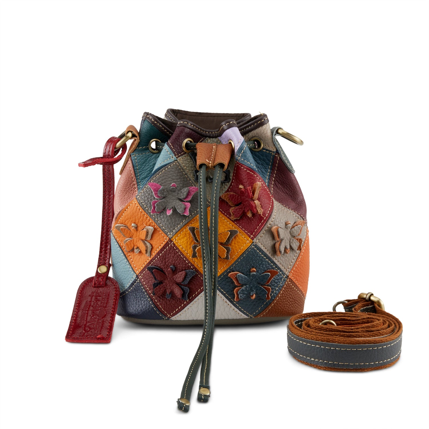 Rainbow Drawstring Leather Handbag – Butterfly Pebbled Leather Crossbody Bag