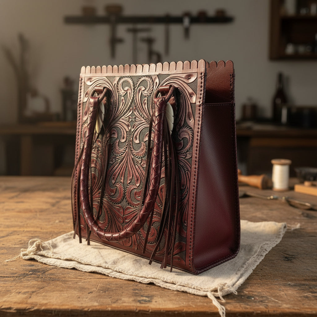 Handcrafted leather bag with intricate bohemian designs