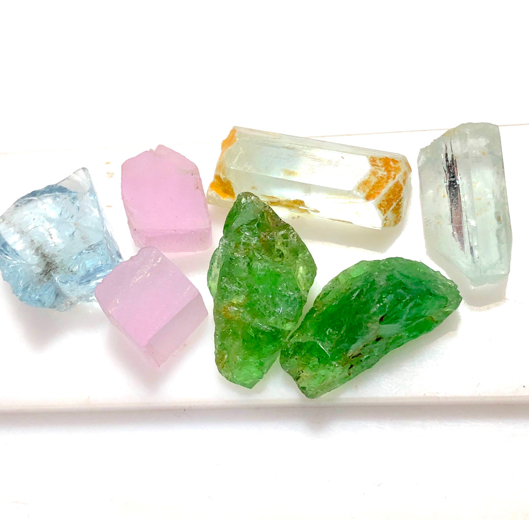 Mixed Healing Crystals for Collection - Raw Tsavorite, Kunzite, Aquamarine,
