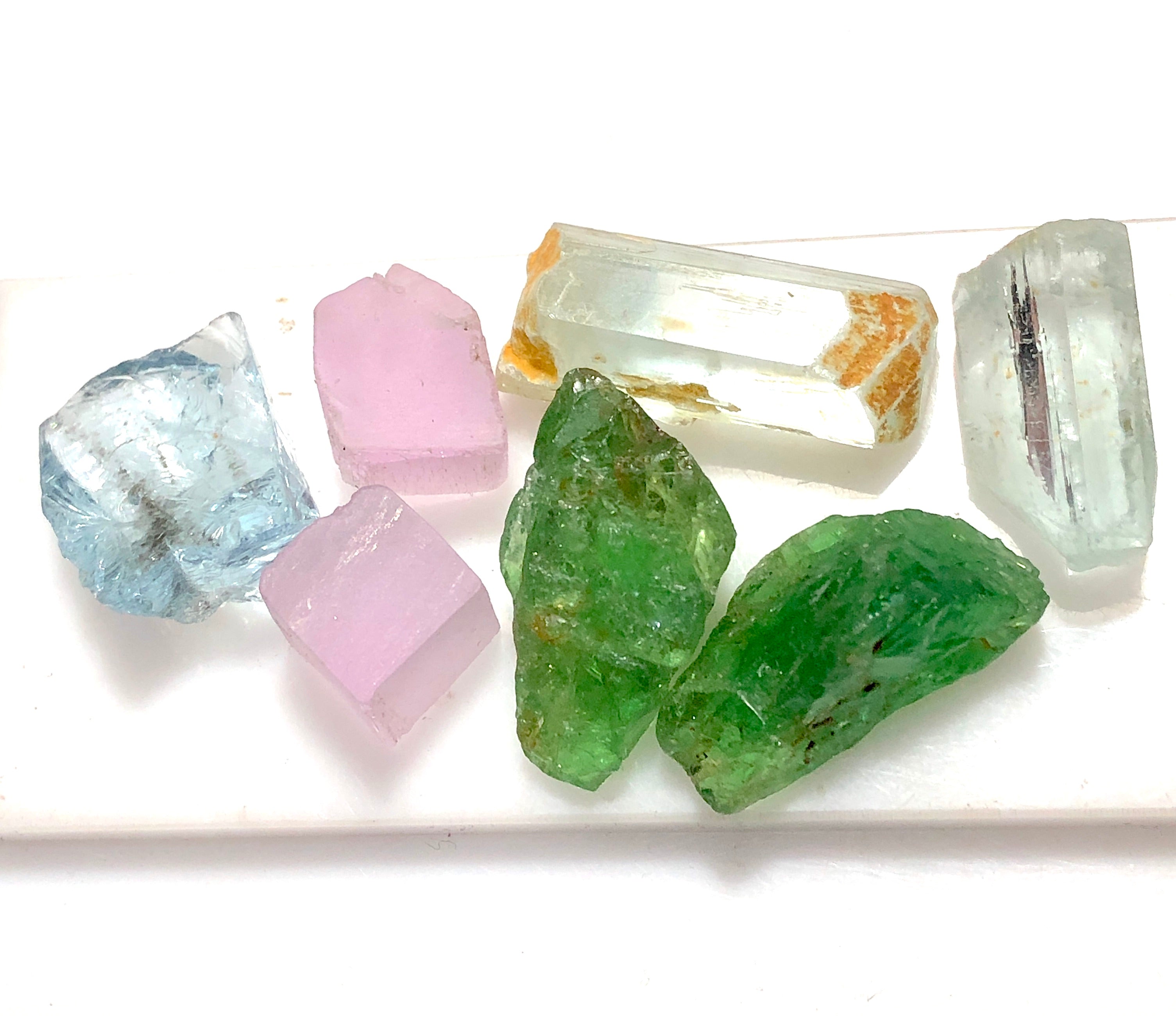 Mixed Healing Crystals for Collection - Raw Tsavorite, Kunzite, Aquamarine,