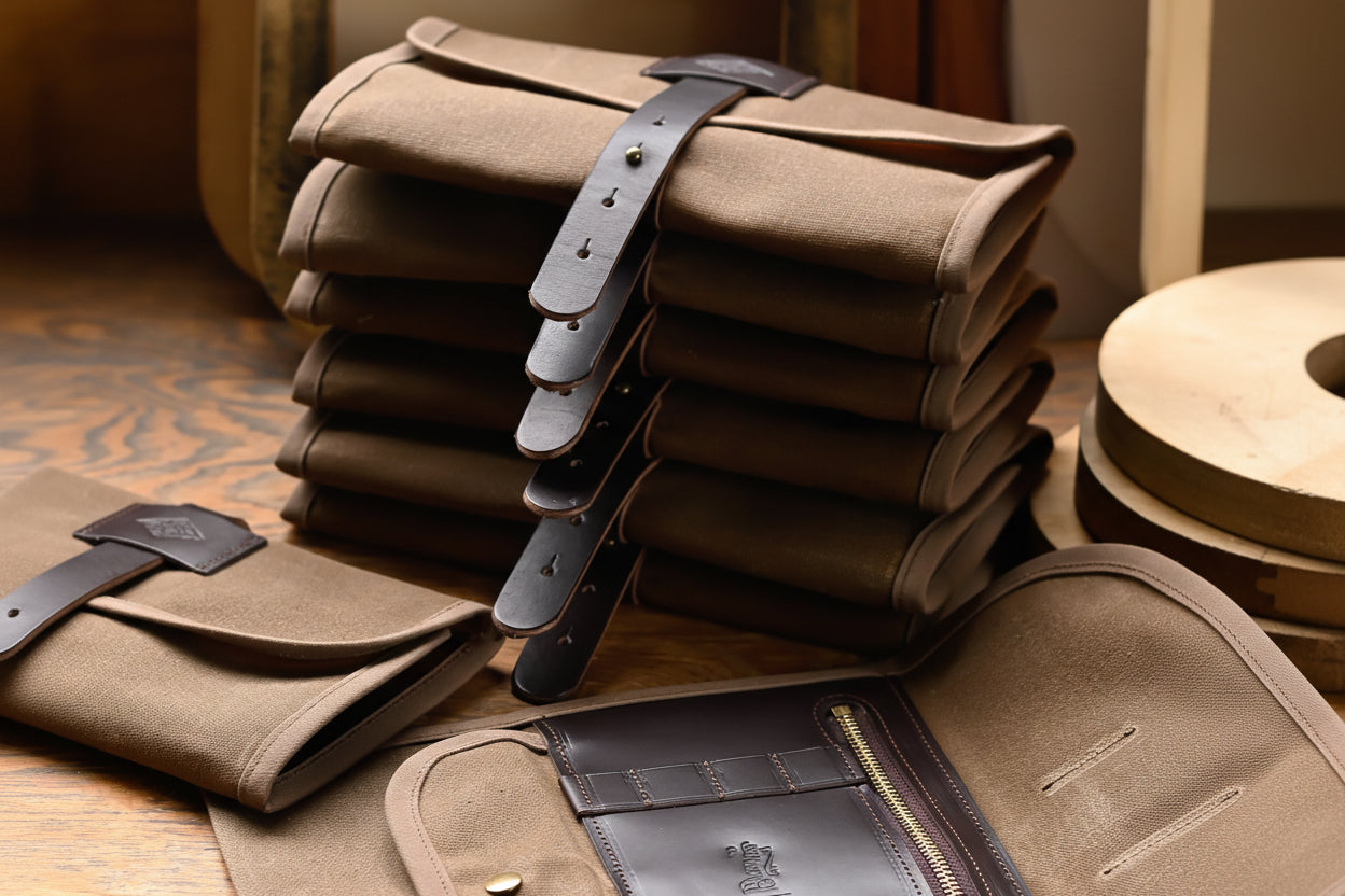 Waxed Canvas Tool Roll Organizer with Leather Accents – Handmade in USA