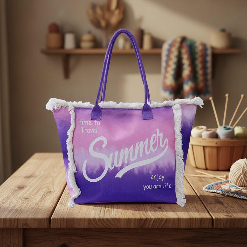 Purple tote bag with 'Summer' text on a wooden tray 