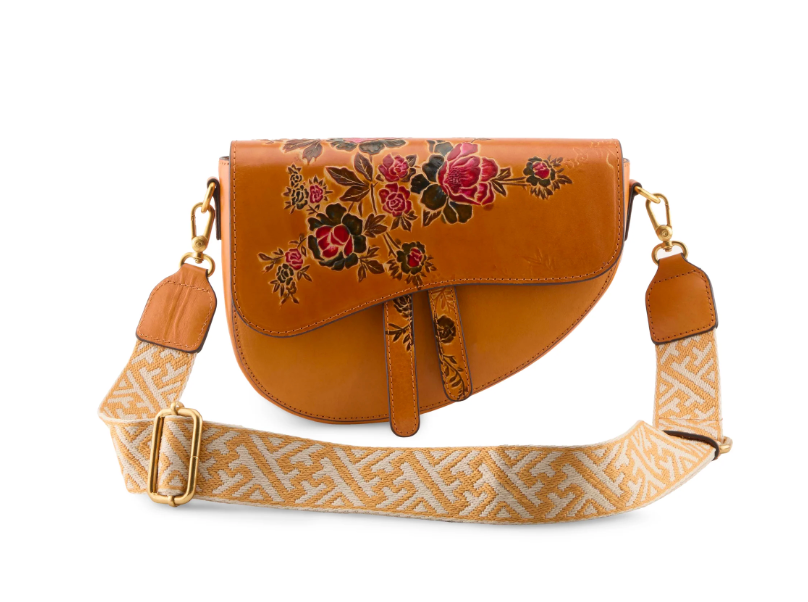 Hand Painted Leather Saddle Bag – Floral Crossbody Purse with Guitar Strap