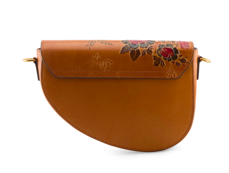 Hand Painted Leather Saddle Bag – Floral Crossbody Purse with Guitar Strap