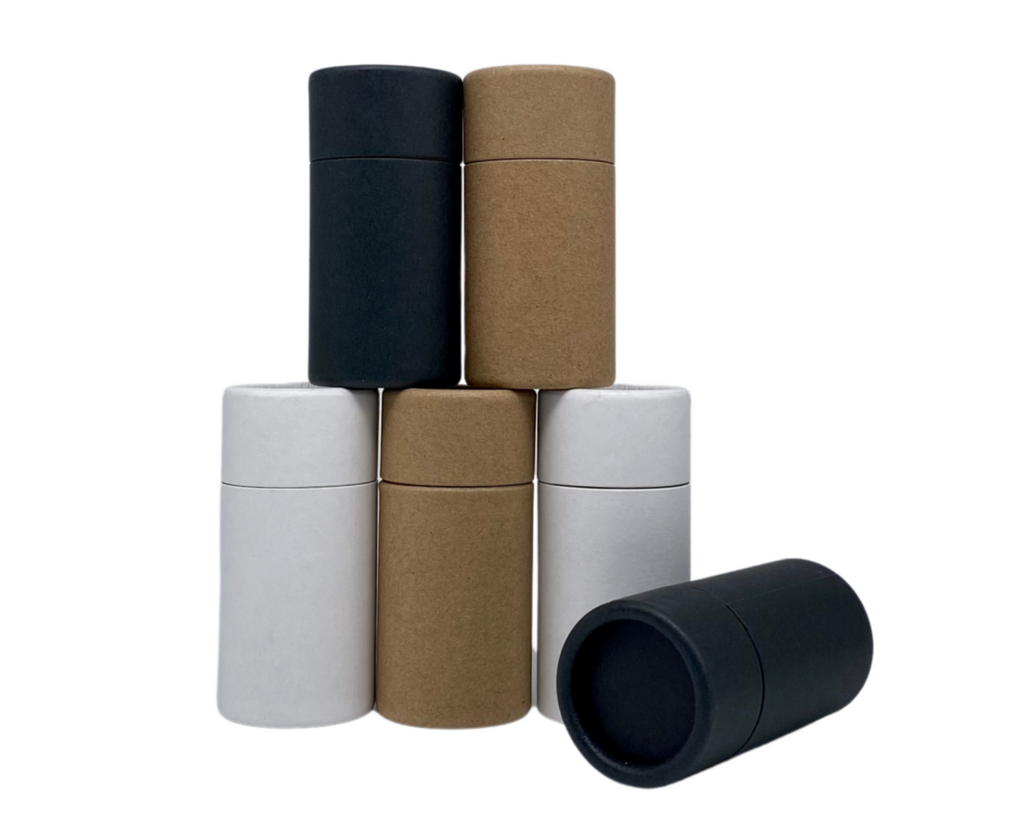 Set of cylindrical Compostable  containers in black, brown, and white- cylindrical storage containers - Compostable Cosmetic Packaging