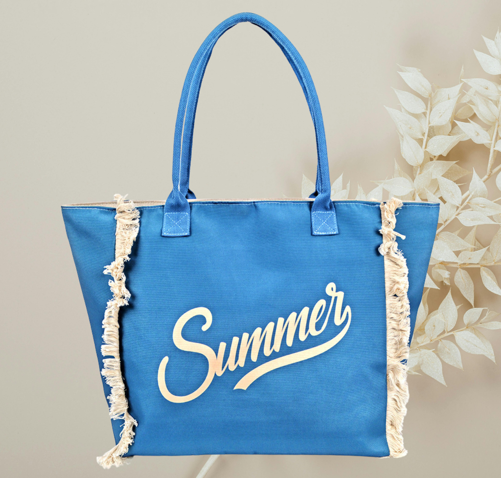 Fringe Canvas Tote Bag – Large Printed Shoulder Bag with Gradient Letter Design