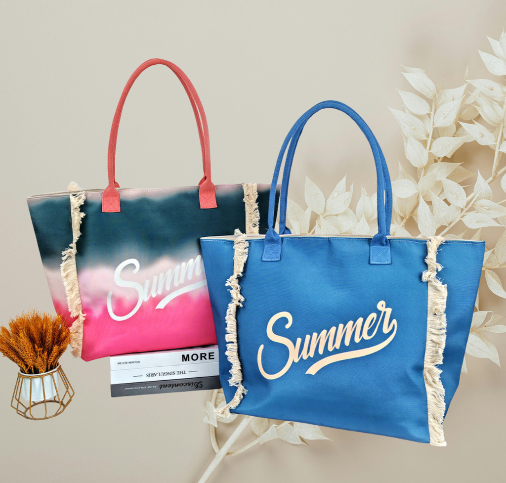 Fringe Canvas Tote Bag – Large Printed Shoulder Bag with Gradient Letter Design