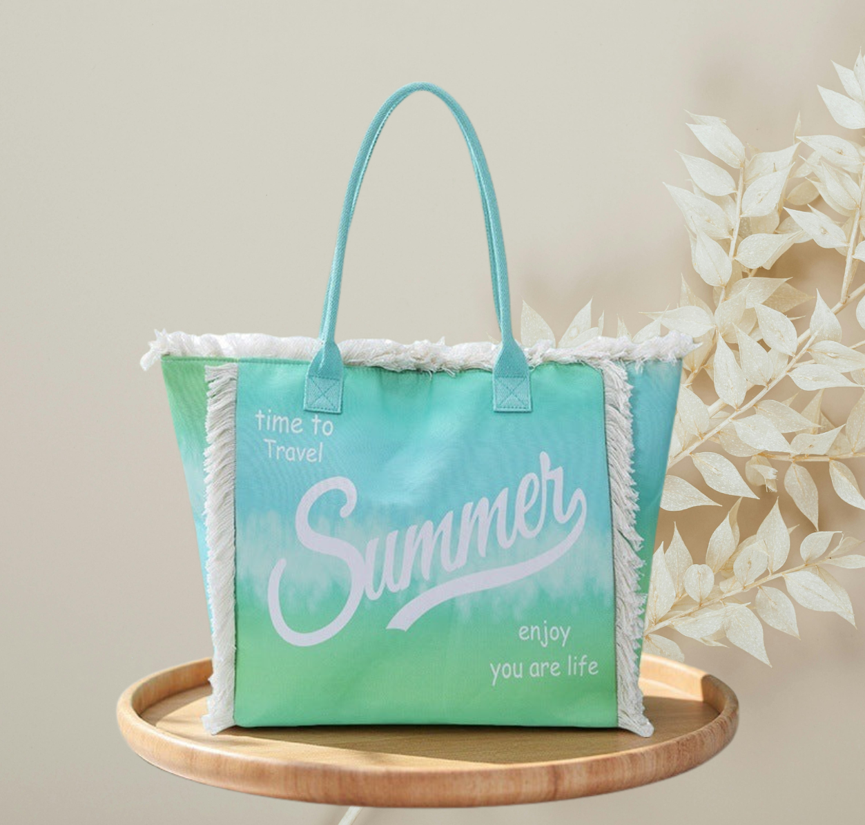 Fringe Canvas Tote Bag – Large Printed Shoulder Bag with Gradient Letter Design