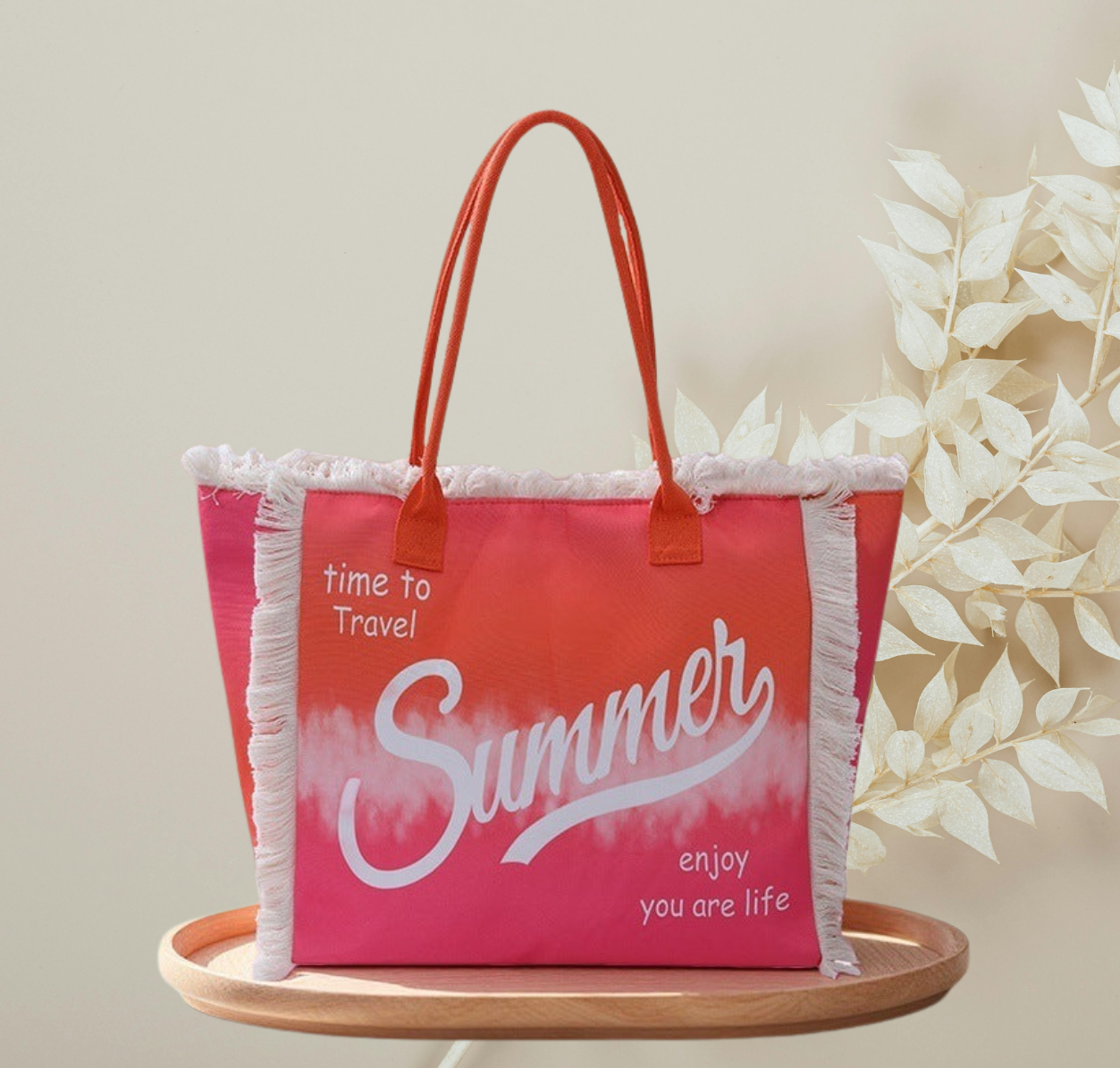 Fringe Canvas Tote Bag – Large Printed Shoulder Bag with Gradient Letter Design