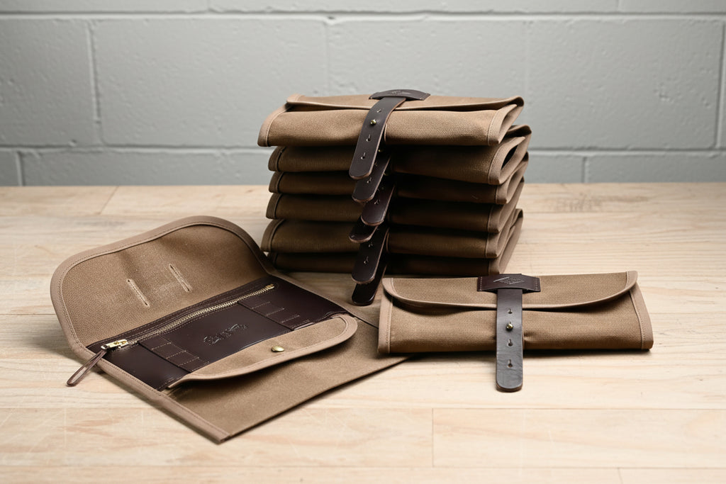Waxed Canvas Tool Roll Organizer with Leather Accents – Handmade in USA