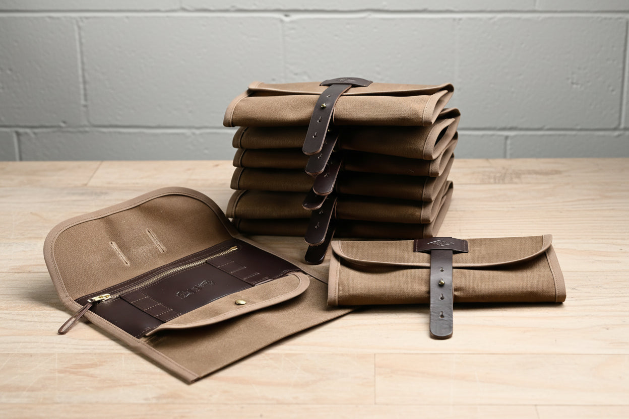 Waxed Canvas Tool Roll Organizer with Leather Accents – Handmade in USA