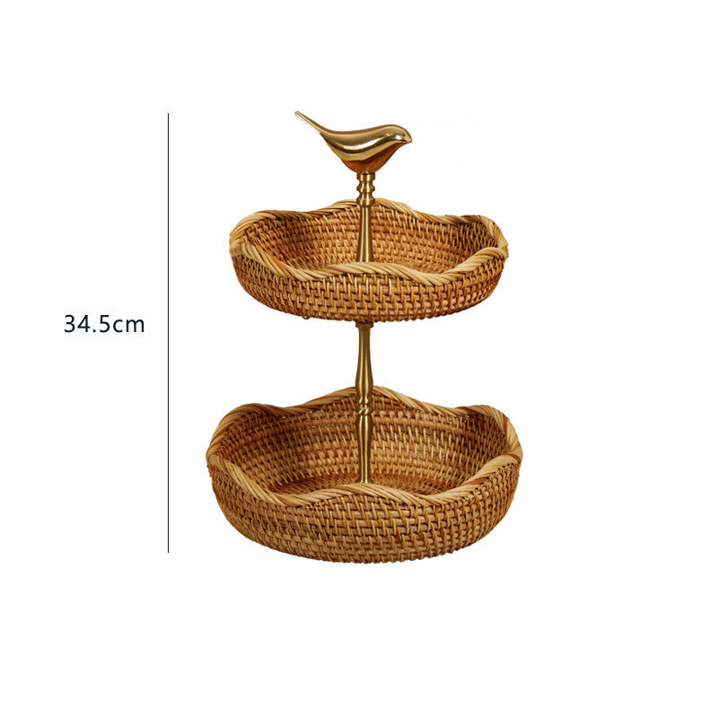 Double-Layer Brass Gold Dining Table Fruit Baskets | Coffee Table Rattan Basket