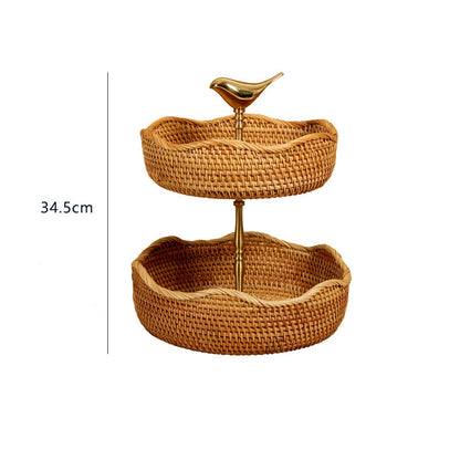 Double-Layer Brass Gold Dining Table Fruit Baskets | Coffee Table Rattan Basket