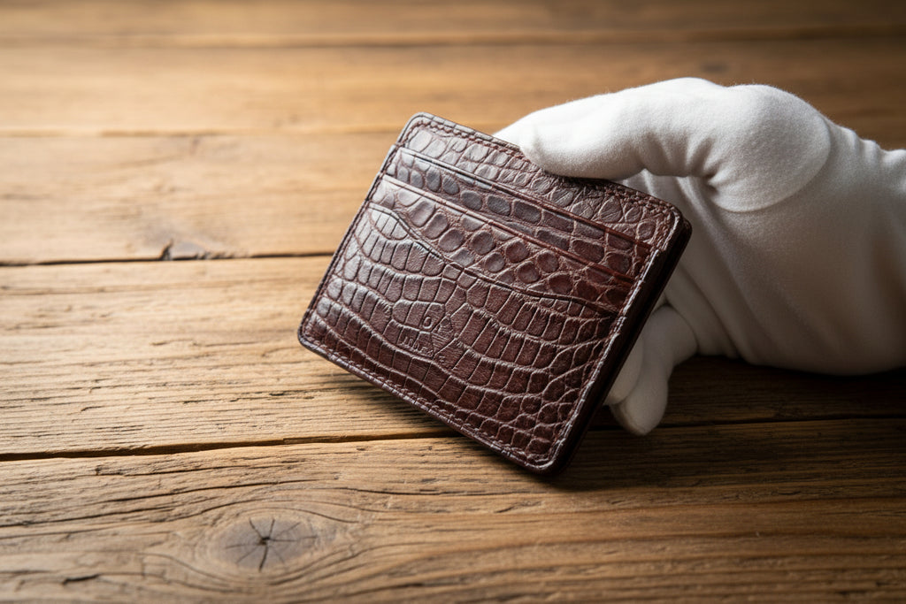 Brown leather wallet with crocodile texture held by a gloved hand on a light gray background