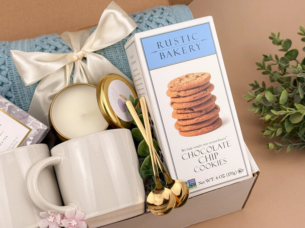 Valentine’s Day gift basket for couples with blanket tea and candle

