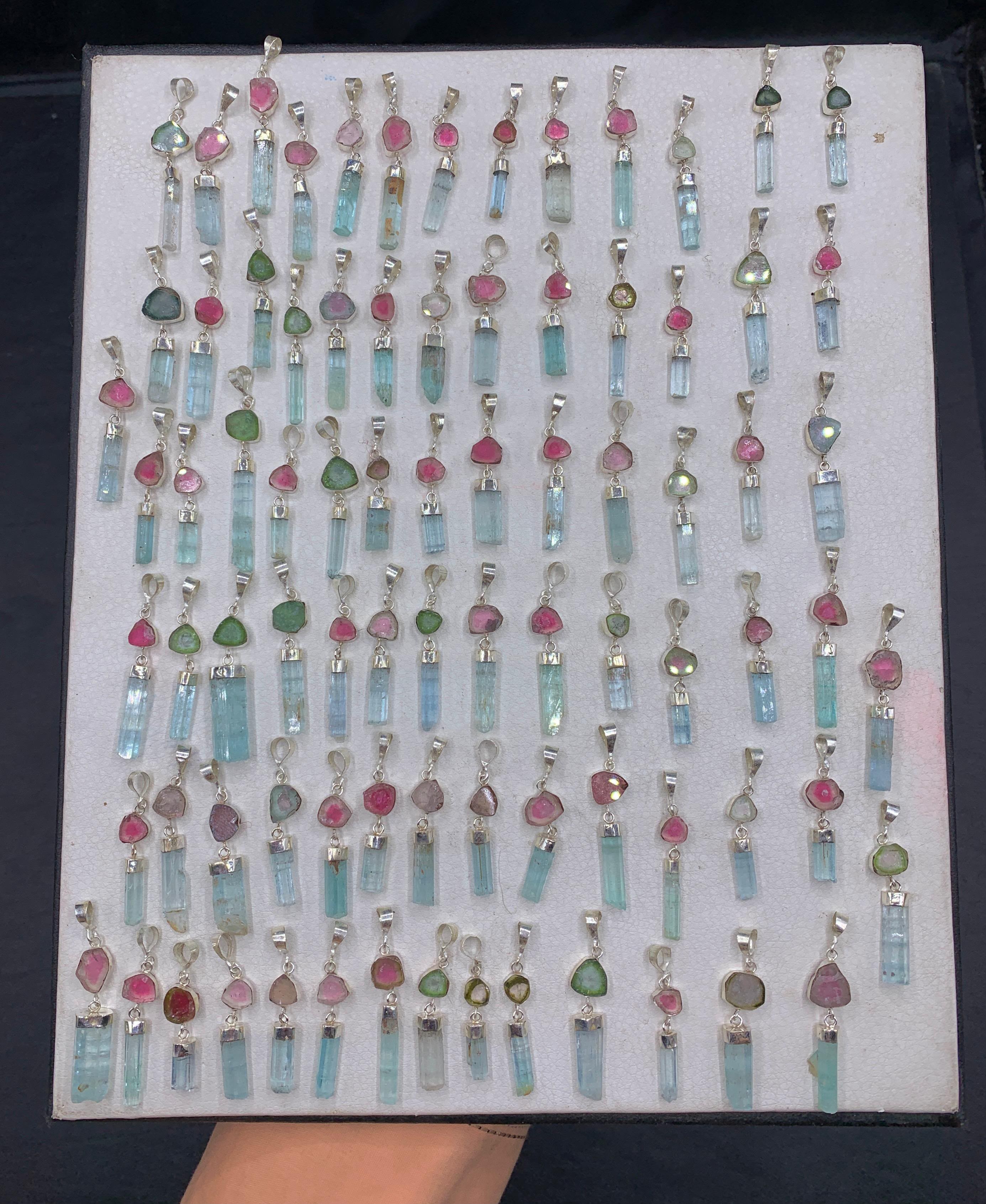 Natural Aquamarine & Watermelon Tourmaline Crystal Pendants | Sterling Silver 925 Deals