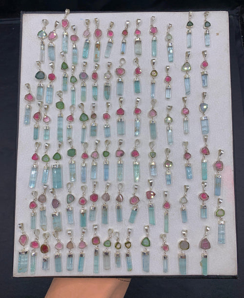 Natural Aquamarine & Watermelon Tourmaline Crystal Pendants | Sterling Silver 925 Deals